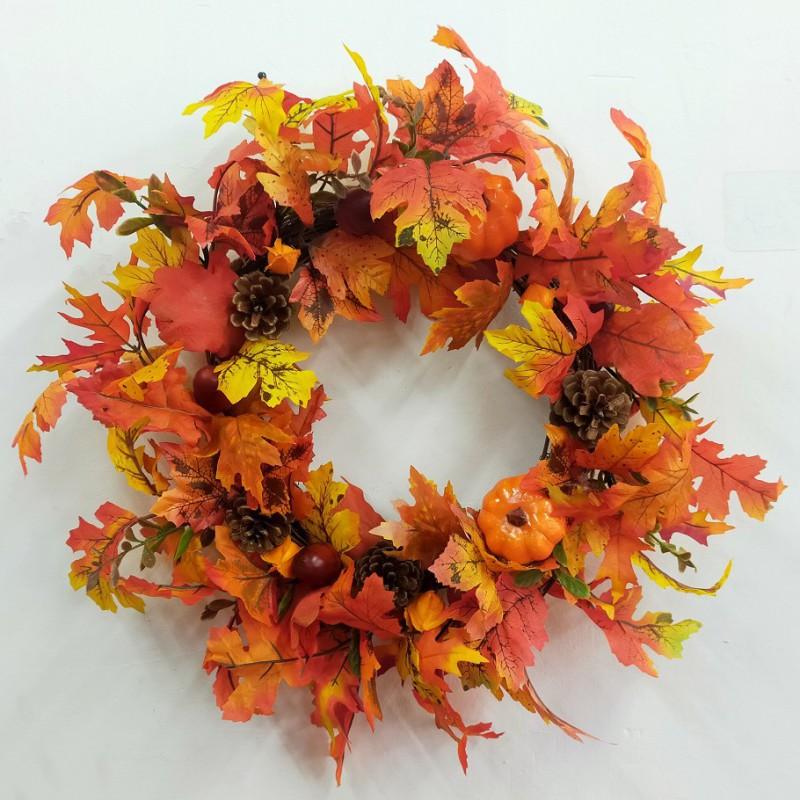 Harvest Wreath With Pumpkins Maple Leaves