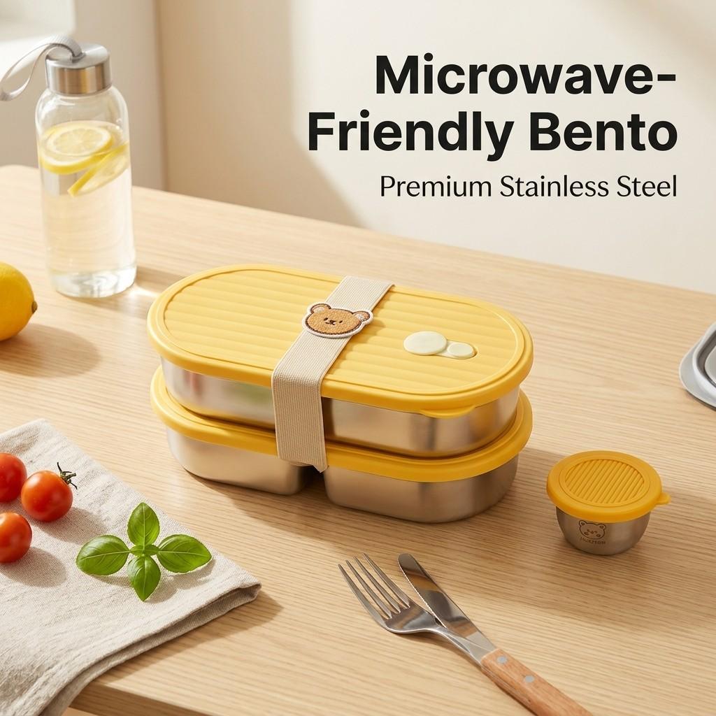 Oval Divided Bento Box With Sauce Box Sealed 304 Stainless Steel Lunch Box Microwave Safe Fruit Salad Food Container For Student