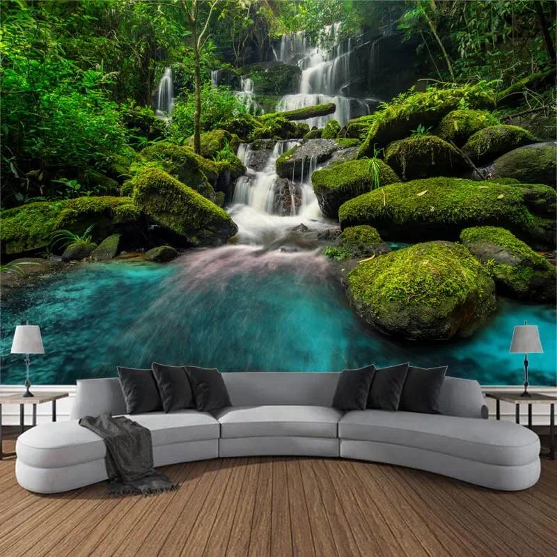 Beautiful Natural Landscape Large Tapestry Forest Waterfall Bohemian Wall Art Decoration Blanket Home Background Cloth Bedspread