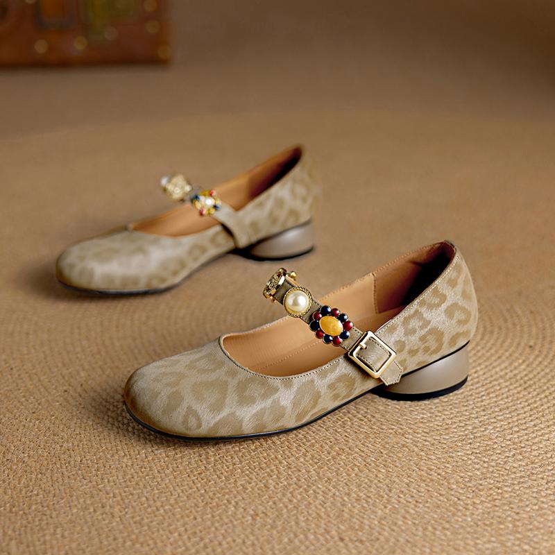 Krazing Pot Stain Sheep Skin Summer Size 40 Mary Janes Low Heels Gray Color Leopard Prints Round Toe Elegant Shallow Pumps