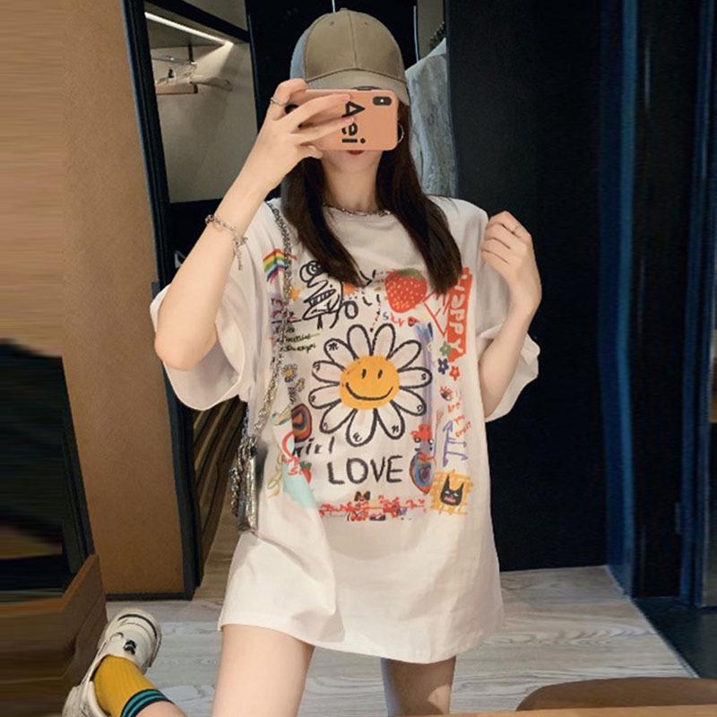 Summer 2026 Korean Style Trendy Cute Graffiti Loose Mid-Length Short-Sleeve T-shirt for Women