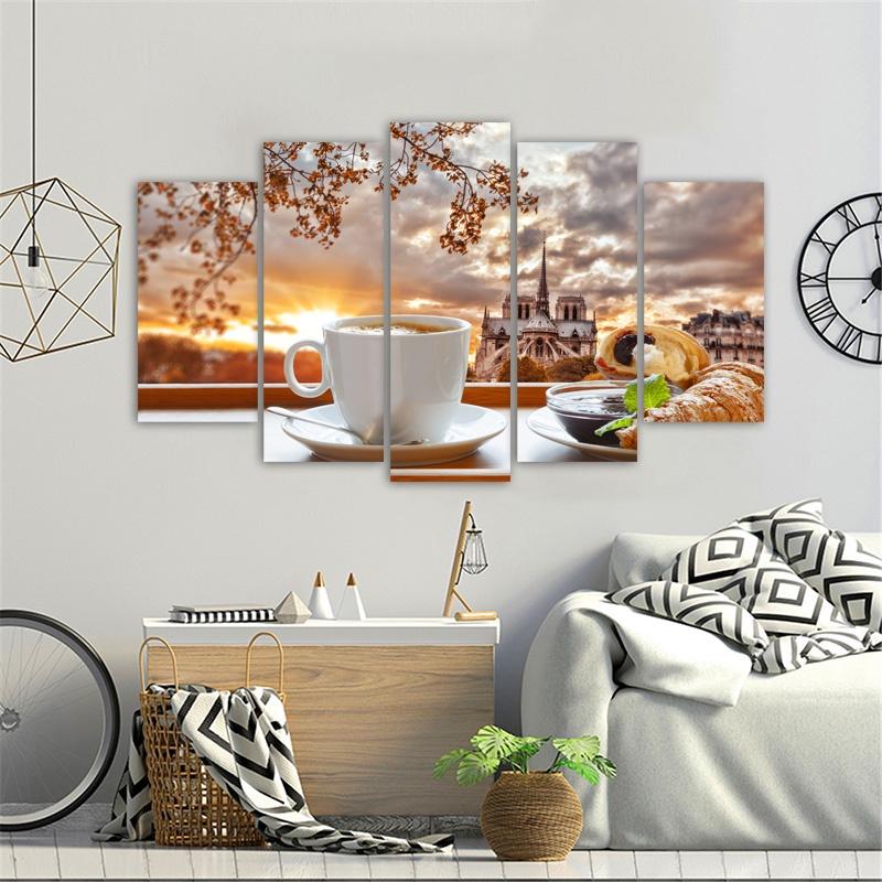 5 Panels Coffee Posters Wall Art Modern Home Decor Sunrise Canvas Prints Food Painting Tree Pictures Dining Room Restaurant