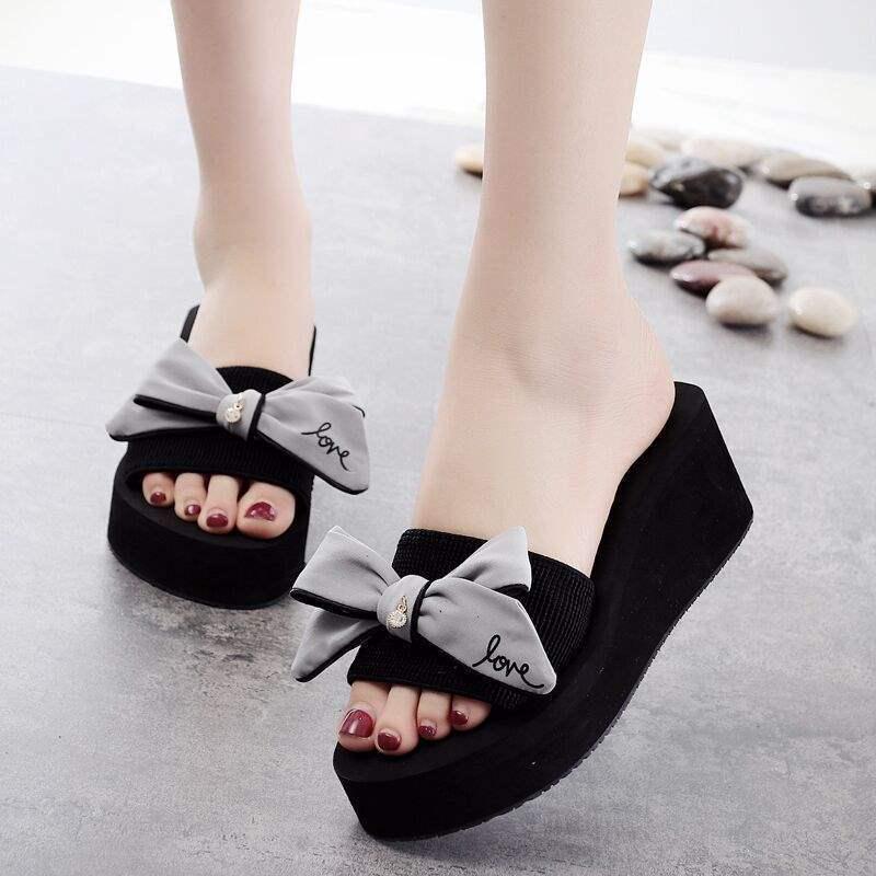 Women's Bowknot Wedge Flip-Flops: Versatile, Thick-Soled Beach Sandals for Summer Skirt Pairing and Outdoor Wear