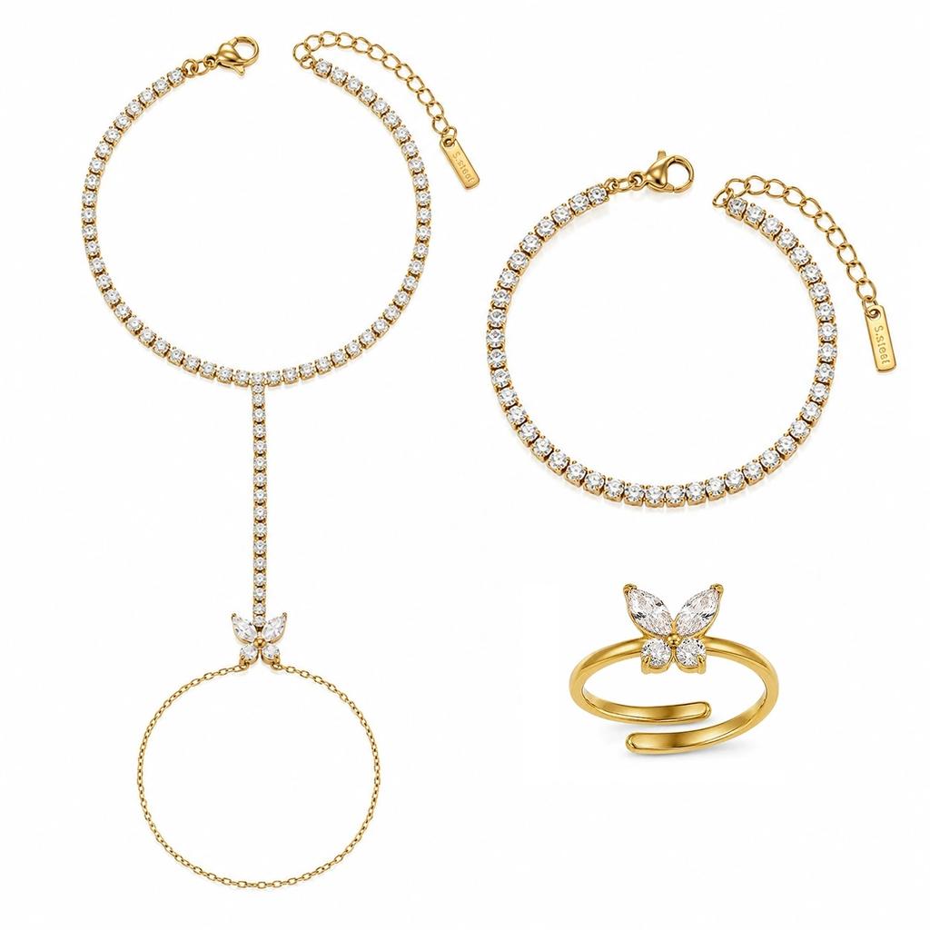 Stainless Steel Gold Plated Butterfly Design Matte Polished Mix Open Bangle Set Minimalist Trendy Stackable Zircon Bracelets for