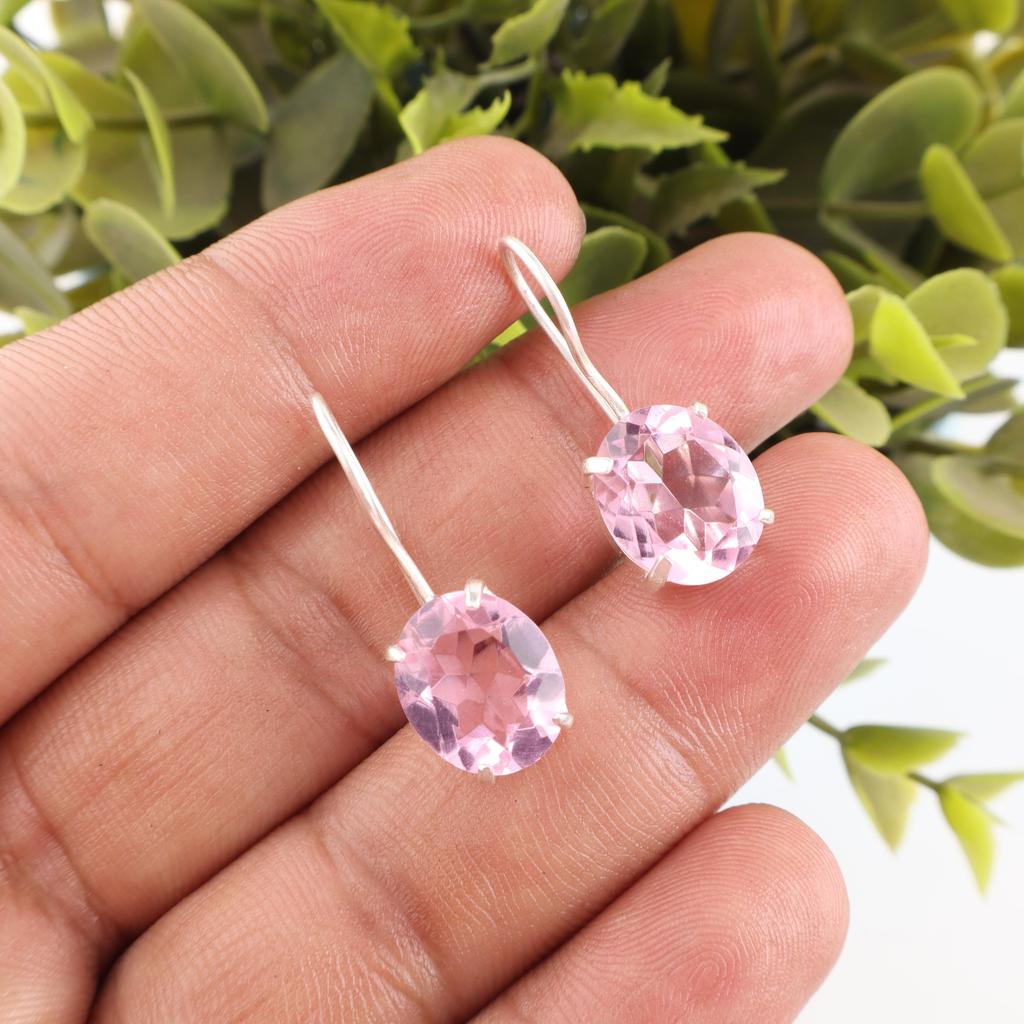 Morganite Earrings, Handmade Gemstone 925 Solid Sterling Silver Earrings Antique Jewelry, Gift For Her