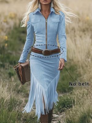 Western Cowboy Suede Tassel Slim Dress - Long-Sleeved, 2026 Style