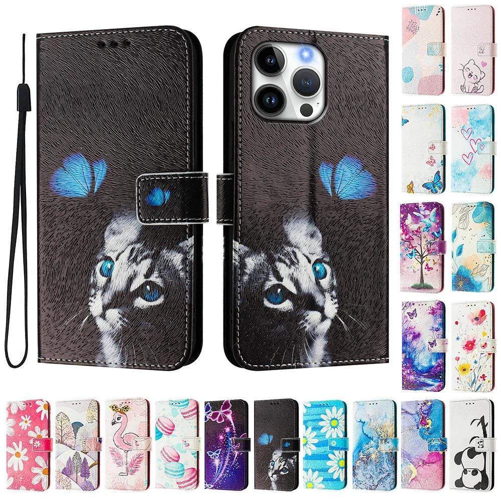 Coloured Drawing Wallet Case for iPhone 16E SE3 SE 8 7 6 6S Plus 16 Pro Max Shockproof Stand Card Holder Strap Flip Phone Cover
