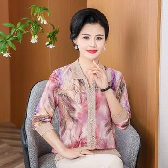 Summer 2026 Ice Silk Lapel T-Shirt for Middle-Aged Women 3XL розовый/фиолетовый