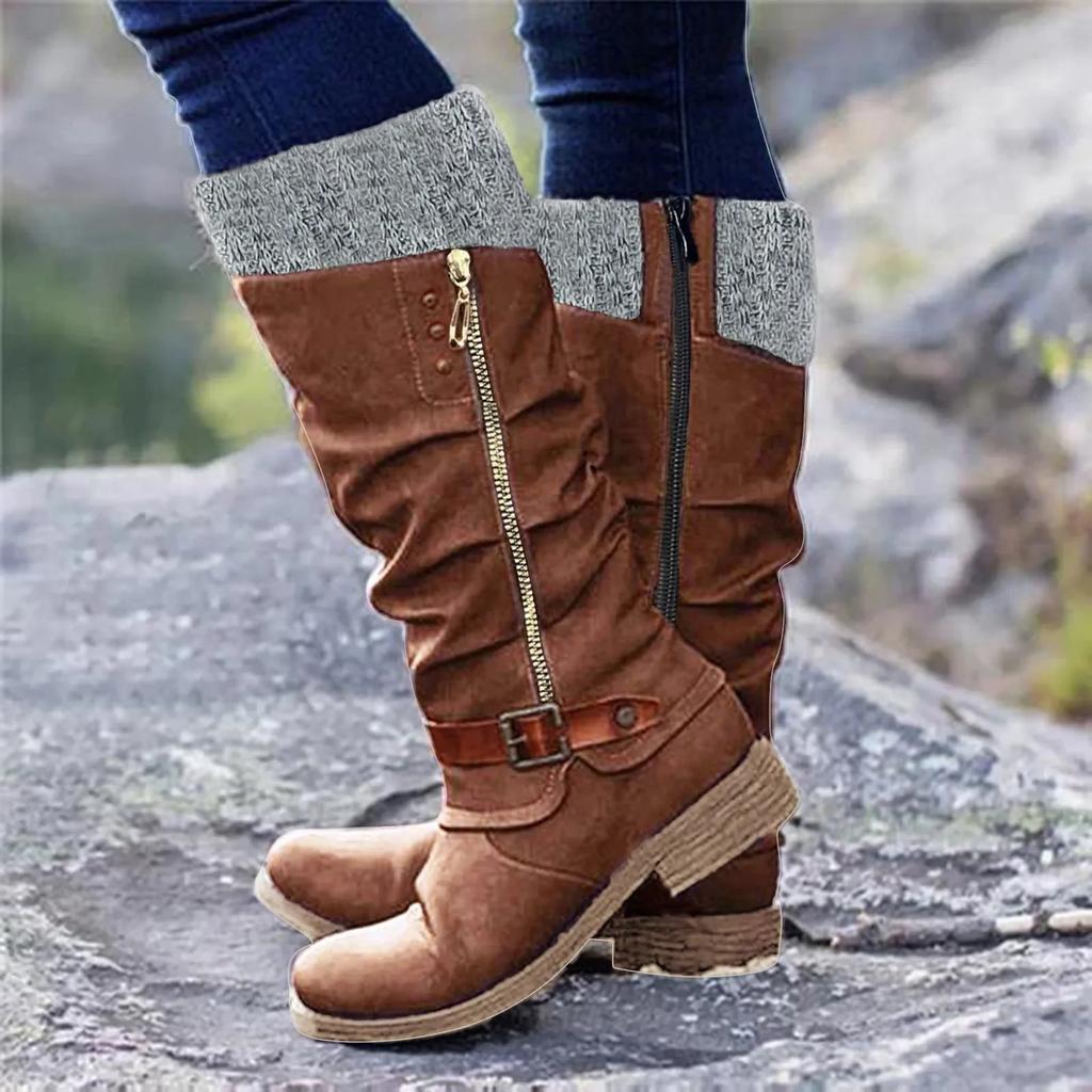 Vintage Women Boots Round Toe Casual Knee High Boots Autumn Winter Fashion Warm Ladies Shoes Solid High Quality