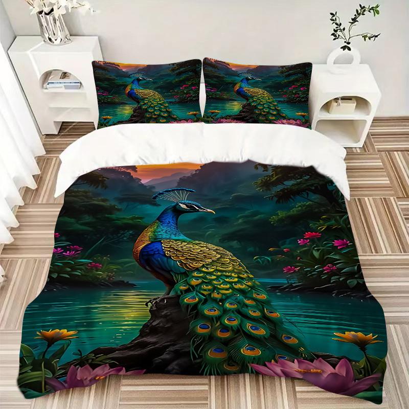 3pcs Peacock Nature Scene Duvet Cover Set - Machine Washable, Includes 1 Cover and 2 Pillowcases, No Core Included yy251013129