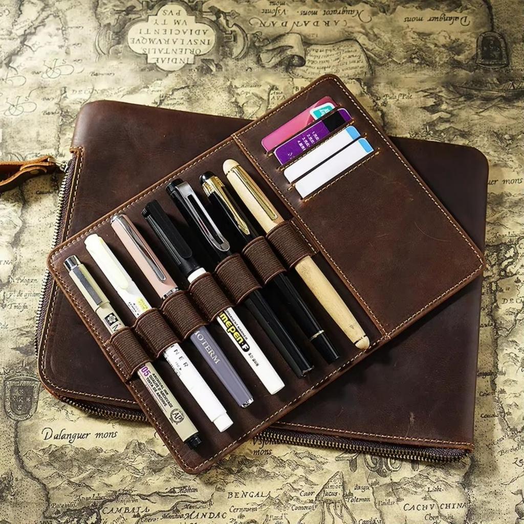 Genuine Leather Zipper Pen Bag A5 Portfolio Large-Capacity With Pen Pouch And Card Holder Retro Stationery Bag For School And Office