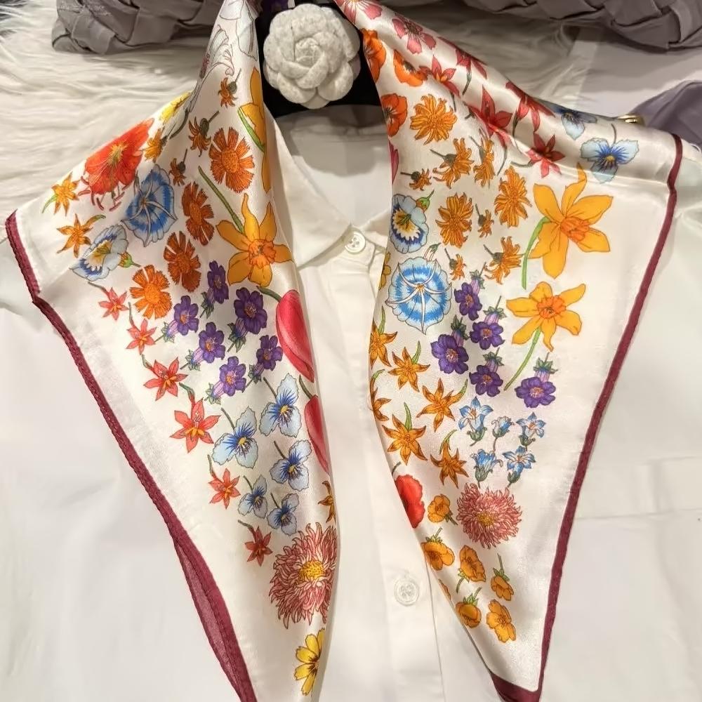 green Women 100% Mulberry Silk Scarf For Hair Headscarf Spring Fall Elegant Floral Small Silk Square Neck Scarves Neckerchief