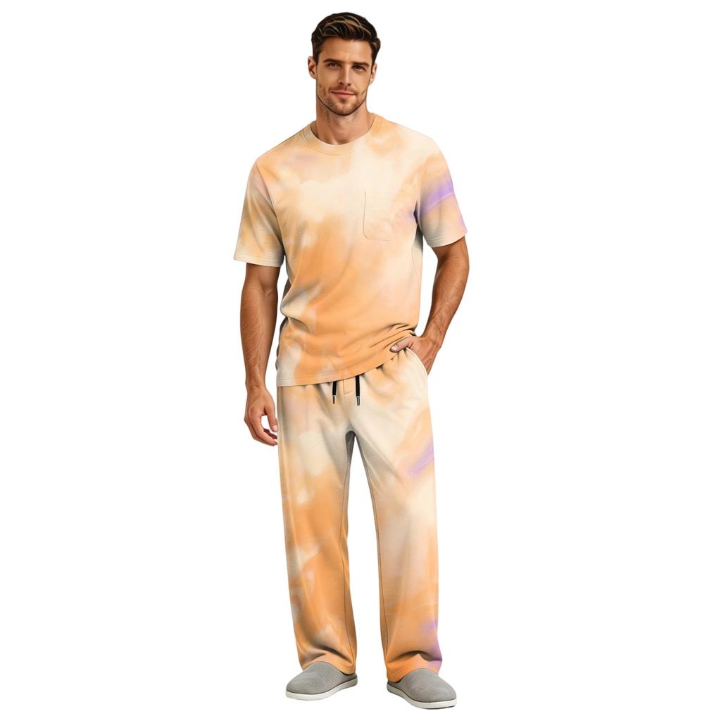 Men's Home Pajama Set, Short Sleeve Top and Long Pants with Button Fly and Drawstring Waist
