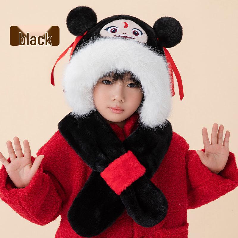 Детский плюшевый набор шапка и шарф: Флисовая подкладка, Утолщенный, Ветрозащитный, Теплый, С защитой ушей, Двухкомпонентный для осени и зимы