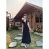 Pure Desire Wind Kink Hollow Short-sleeved Dress Women's Summer French Floral Dress Waist A-shaped Skirt Navy Blue Long Dress