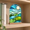 Creative Gift for Home Stained Glass Style Acrylic Table Centerpieces, Floral & Landscape Pattern Exquisite Room Decor Tabletop Sign with Wood