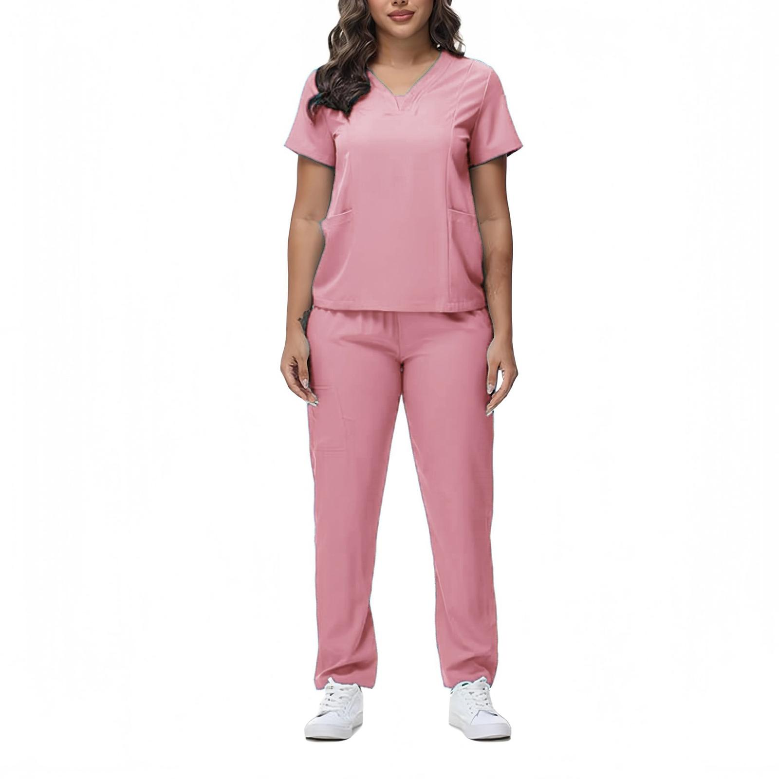 

Женский свободный и удобный рабочий костюм с V-образным вырезом и короткими рукавами, с несколькими карманами M розовый