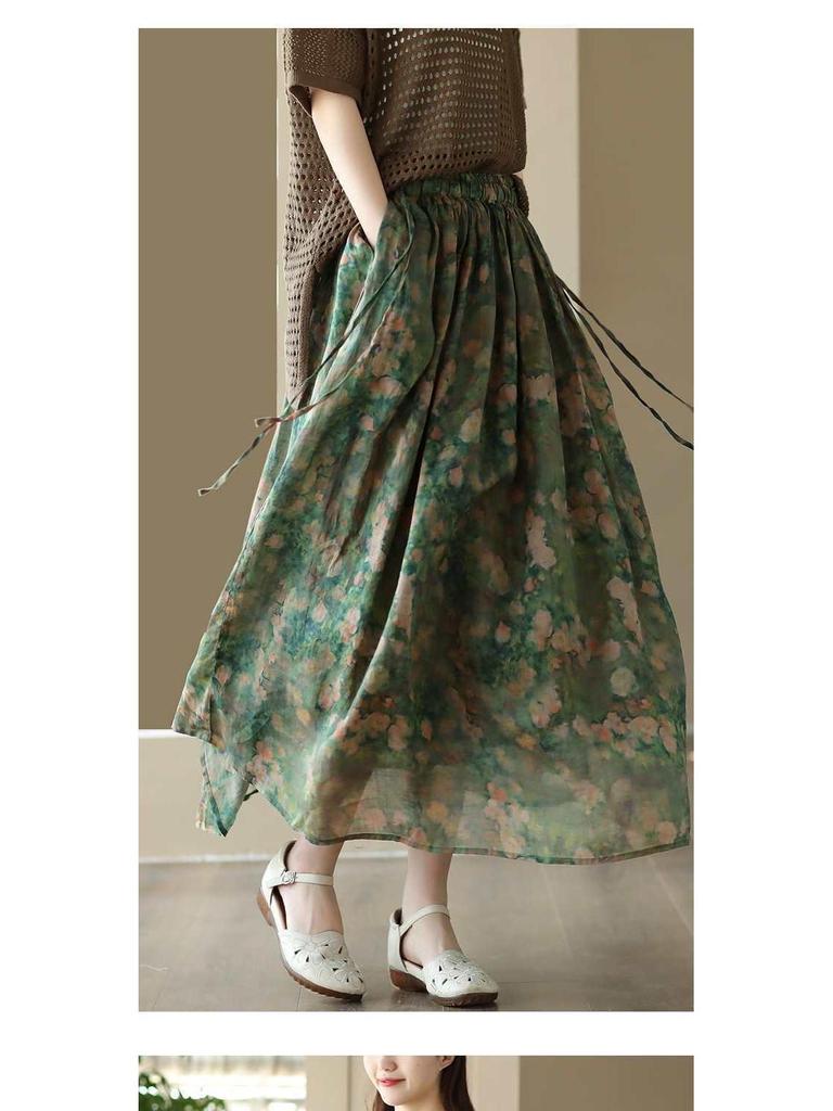 Summer 2023 Women's Vintage Floral Midi Skirt - Heavy Duty Cotton Linen, Flowy Design