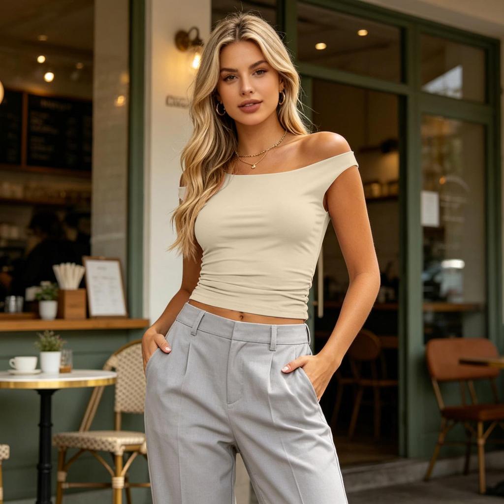 Women’s Off Shoulder Fitted Y2K Streetwear Short Sleeve Crop Top Casual Ruched Design Slim Fit Tee for Daily Wear