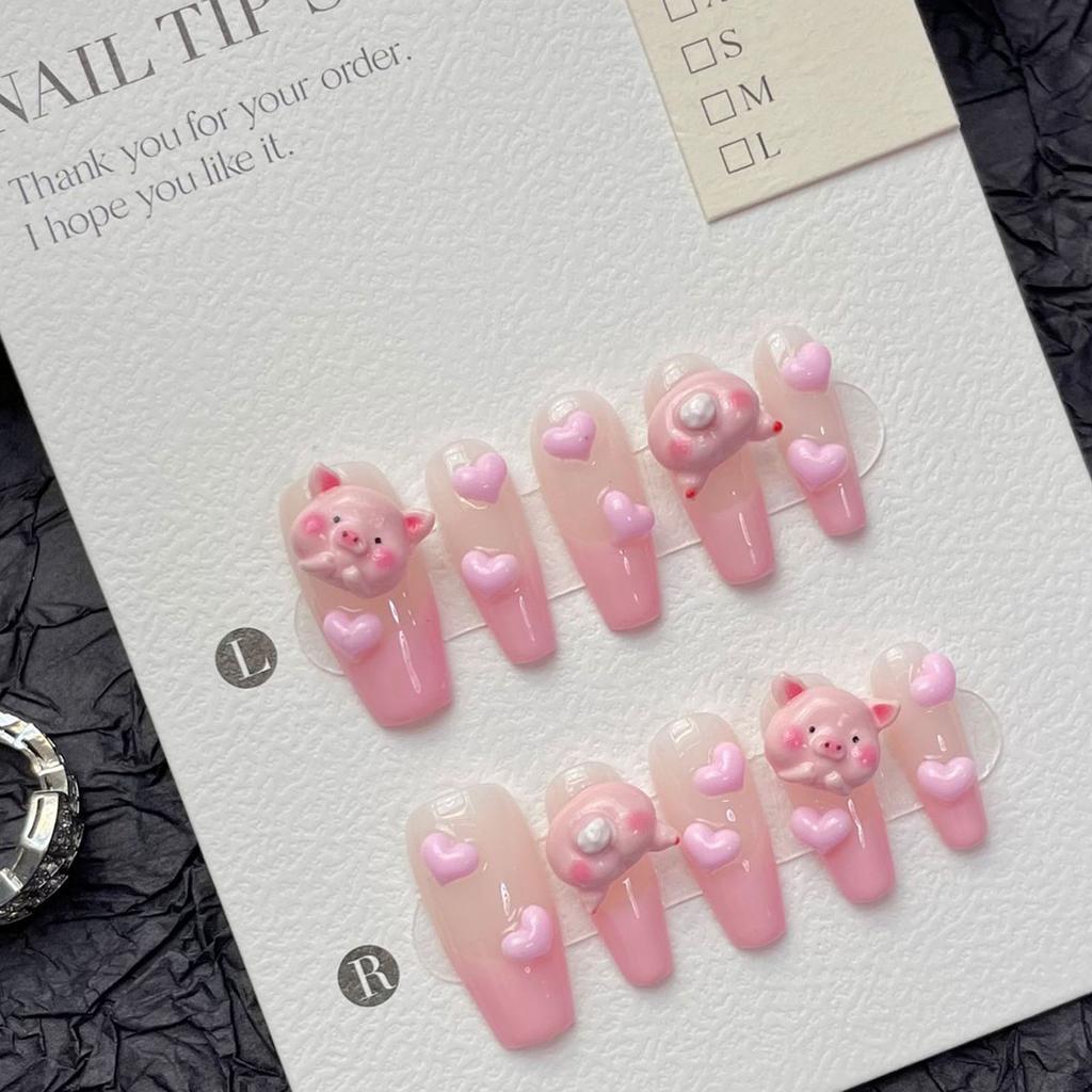 Pink Gradient Fake Nails with 3D Heart Easy To Apply Simple To Peel Off Nails for Hot Girl Dress Matching