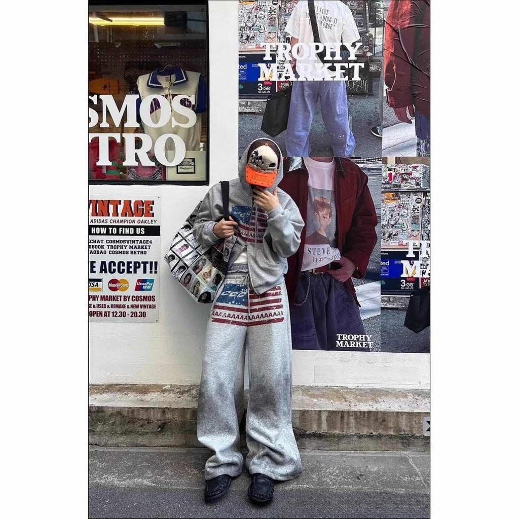 FlowStreet Y2K College American Hip-hop Goth Print Drawstring Wide Leg Sweatpants Loose 90s High Street Sports Trousers Floor Length Pants