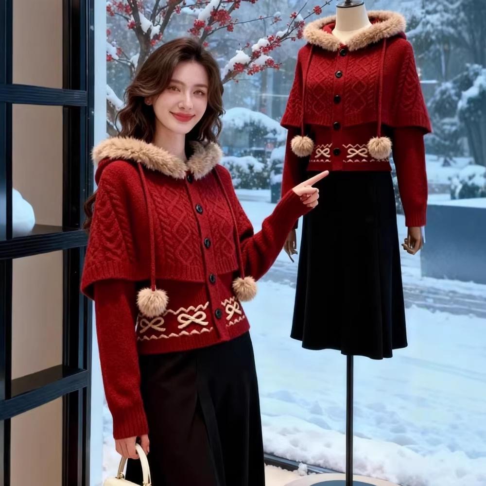 Women's Winter Designer Knit Cardigan with Fur Collar and Half-Skirt Set – Chic and Stylish