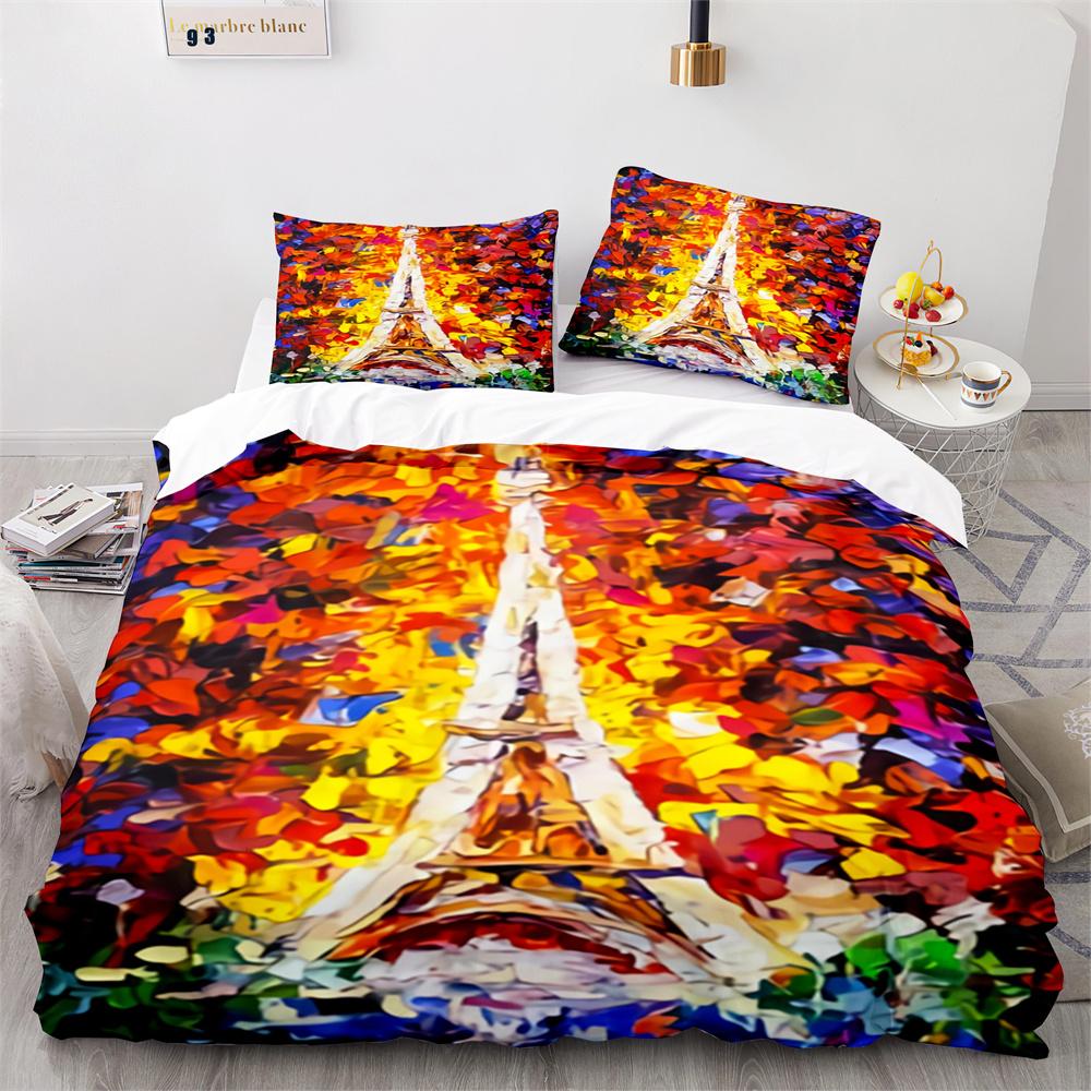 Paris Eiffel Tower Themed Couple Duvet Cover Set Cityscape Comforter Cover Romantic Polyester Bedspread Cover Pink Floral King