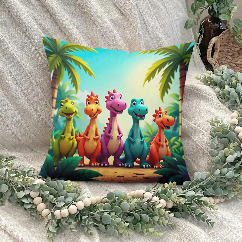 1Pc Cartoon Dinosaur Family Print Throw Pillow Cover,Suitable For Sofa,Bedroom,Kids Room,A Playful Gift For Little Dino Lovers