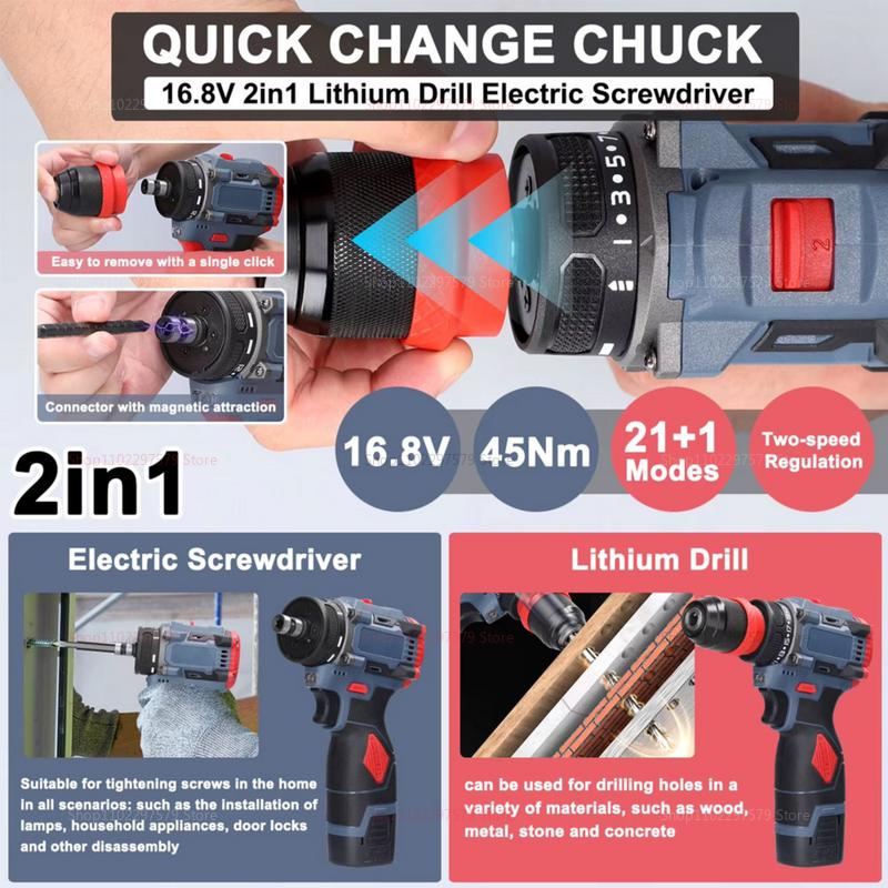 2 In 1 Lithium Brushless Cordless Drill and Electric Screwdriver Multi-Function Power Tool for Home Renovation Furniture Assembl