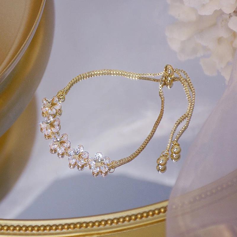Korea Hot Fashion Zircon 14K Real Gold Plating Copper Inlaid AAA Zircon Bracelet Flower Stretch Adjustable Women Bracelet