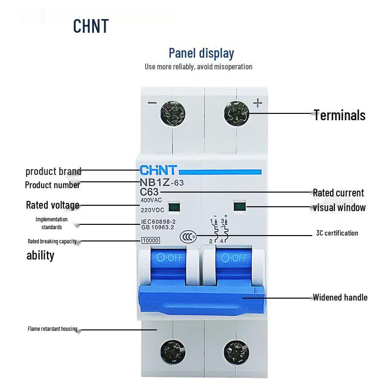 

Chint NB1Z-63 DC Circuit Breaker 1P/2P, C1A-63A, Air Switch, 6kA, DC220V 10A 1P
