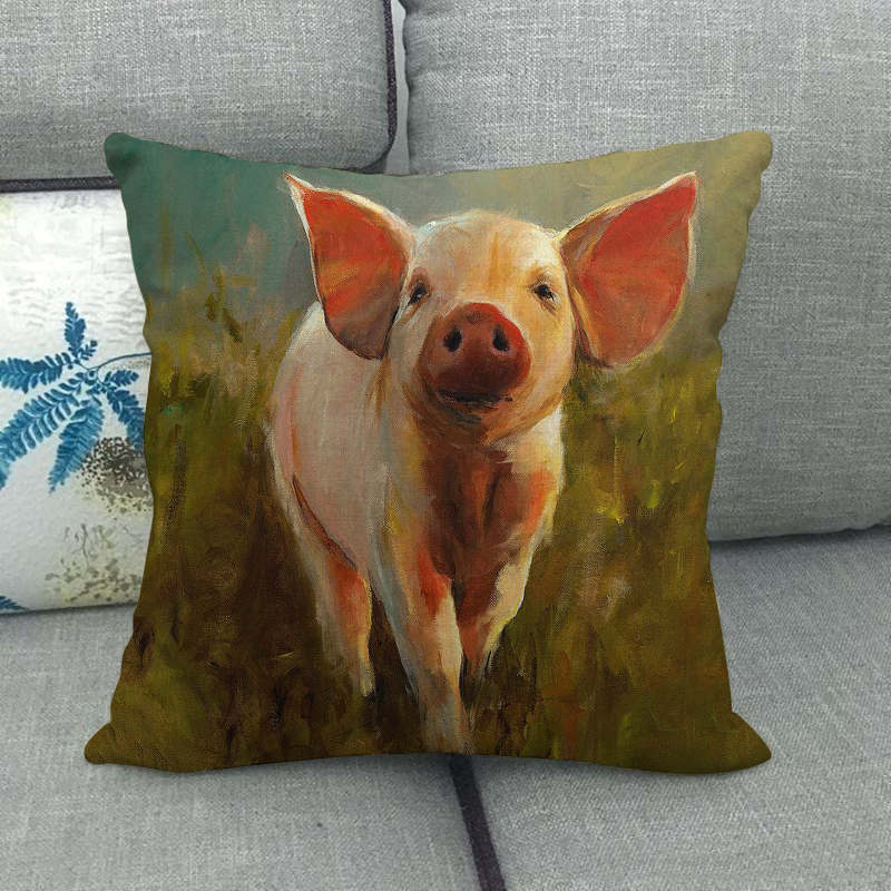 Retro Bemalte Schweine-Serie Muster Digitaldruck Kurzer Plüsch Kissenbezüge für Auto Sofa Büro Kissenbezug Heimtextilien