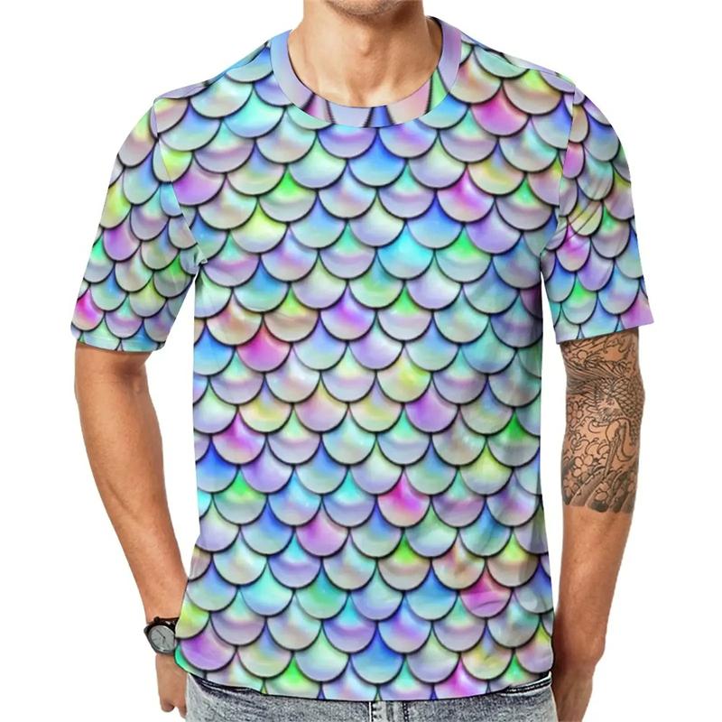 Mermaid Scales Graphic Tee Shirts Animal Print Casual T-shirt Short Sleeve Harajuku Oversized Tees Beach Pattern Clothing Male