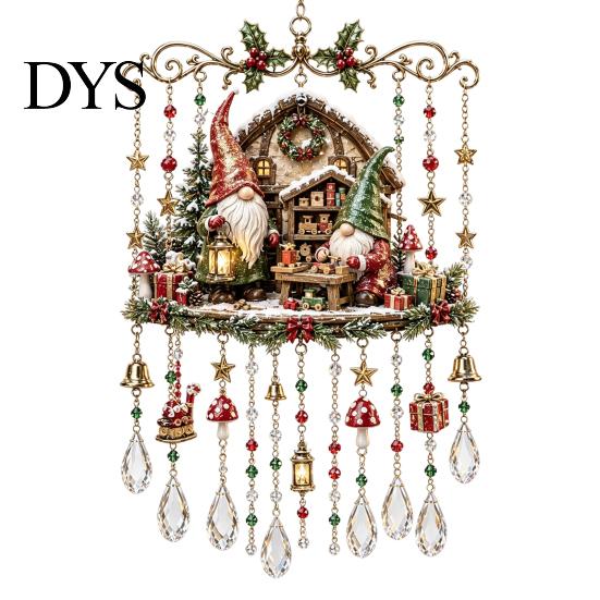 Festive Window Display Christmas Wind Chime with Crystal Bead Chain, Cat Car/Owl Xmas Vintage Train Pendant Pattern Design, Retro Hanging Ornament for