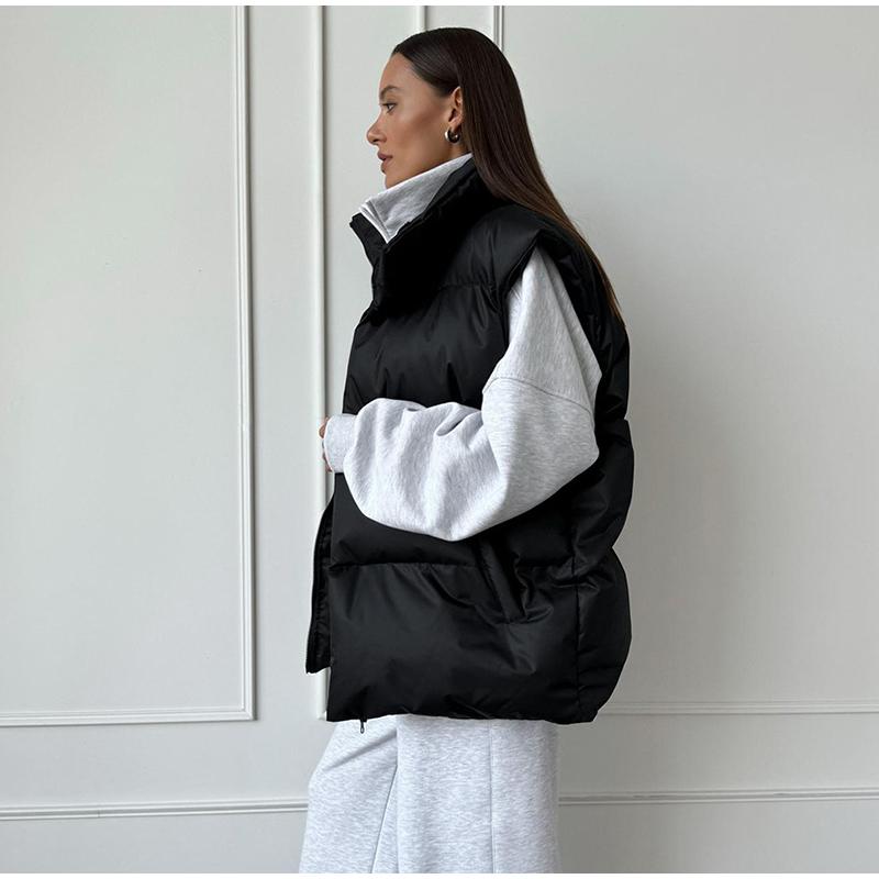 Autumn Winter Sleeveless Jacket Women Fashion Loose Thick Vest Solid Color Casual Sport Cotton Jacket Stand Collar Coat Warm Female Waistcoat