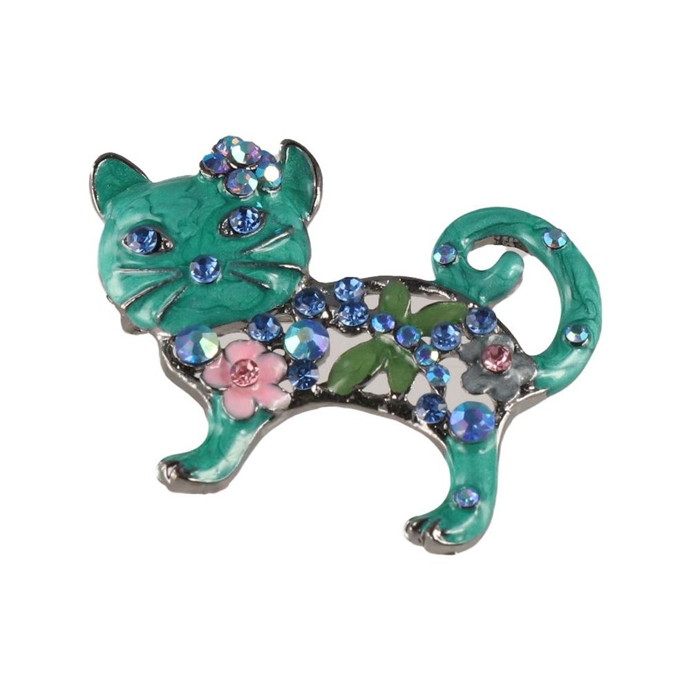 Cute Cat Enamel Pin Green Eyes Rhinestone Brooch Exquisite Cat Kitty Badge  Gift