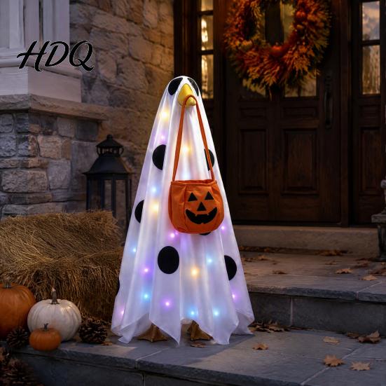 Unique Halloween Gift Lighted Ghost Porch Goose Outfit And Flag Set for 23 Inch Statue Spooky Cute Seasonal Decor Clothes with Pumpkin Bucket Outdoor