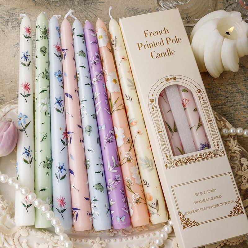 2PCS Long Candles Floral Printed Colored Taper Candle Lot Wedding Candles for Stylish Home Décor