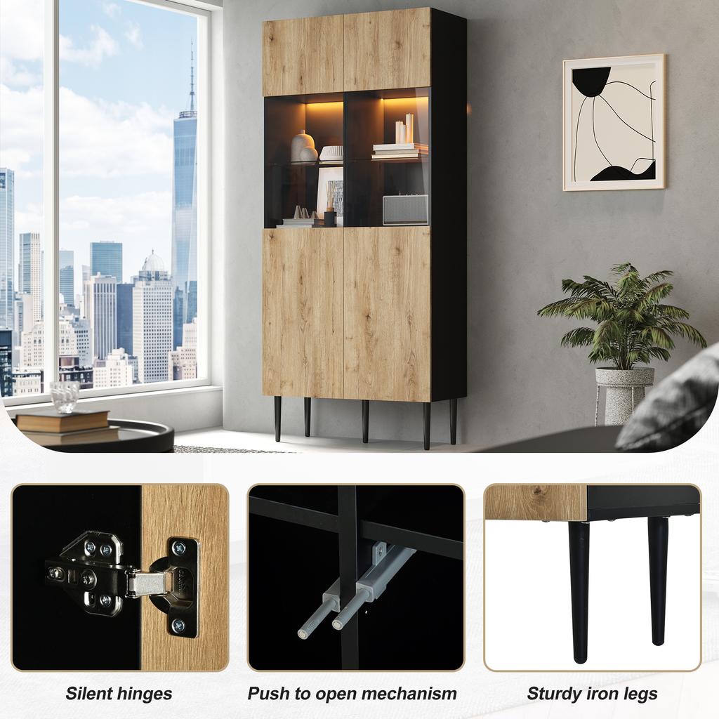 Modern Tall Cabinet with 10 Storage Compartments and Glass Doors, LED Lighting - 80*35*180cm (W/H/D), Natural Wood Color + Black, Display Cabinet
