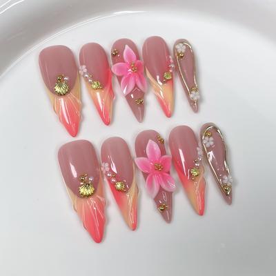 10Pcs Handmade Gradient Pink French Long Stiletto Press On Nails With Pearl Flower Decor Reusable Fake Nail Tips