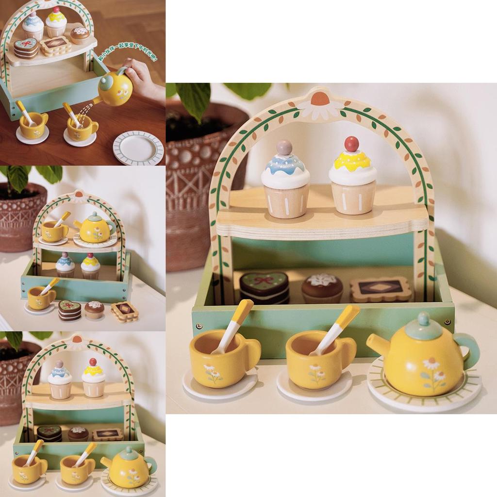 Wooden Double Layer Toy Dessert Stand With Tea Set Cakes For Imaginative Play And Parentchild Interaction