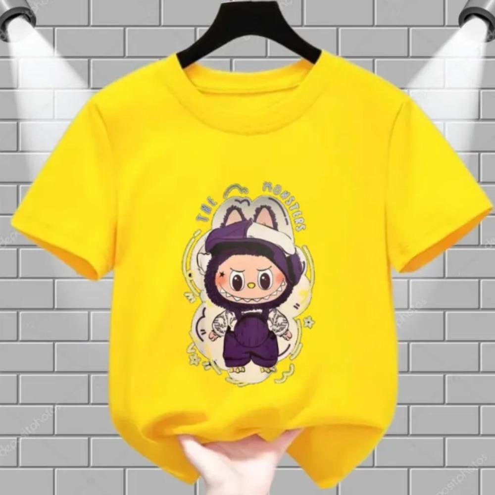 Summer Children's T-shirt Cartoon Labubu Artist Print Girl Round Neck Short Sleeved Casual Multi Color Children's Top