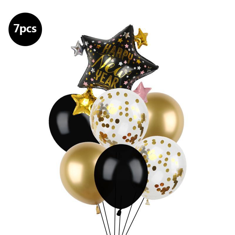 7-Piece Black Gold Sequins Happy New Year Happy New Year Theme Latex Aluminum Film Lift-Off Balloon Combination