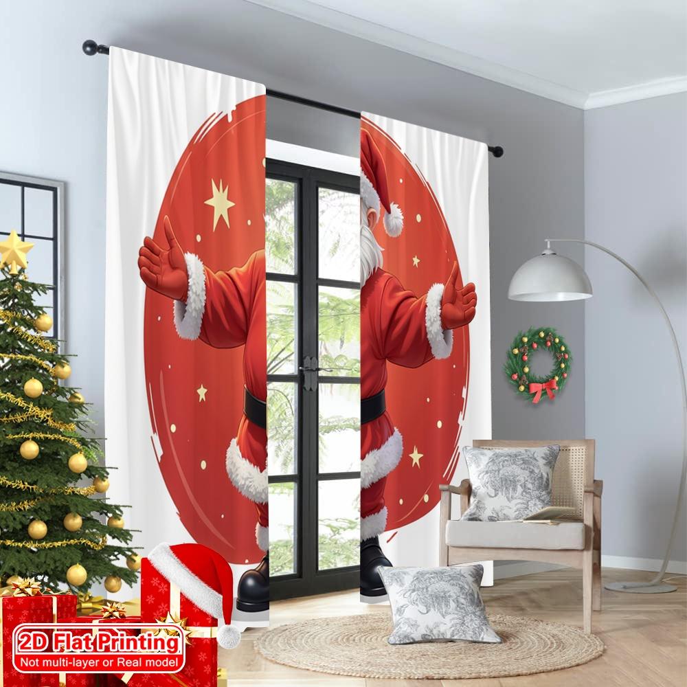 2pcs 2D Flat Printing Christmas Curtain Santa Claus Christmas Tree Sparkle Fabric Without Electricity Holiday Decorations Use