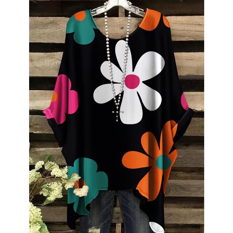 

Большая свободная футболка в богемном стиле с принтом и неровным подолом, с круглым вырезом, модная и универсальная 1XL