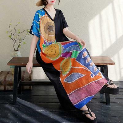 Women's Cotton and Linen Retro Slimming Short Sleeved Color Blocked Dress