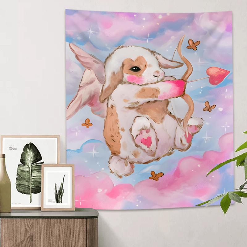 Cute Bunny Angel Tapestry Vibrant Wall Hanging with Hearts and Clouds for Bedroom and Living Room Decor Perfect Gift