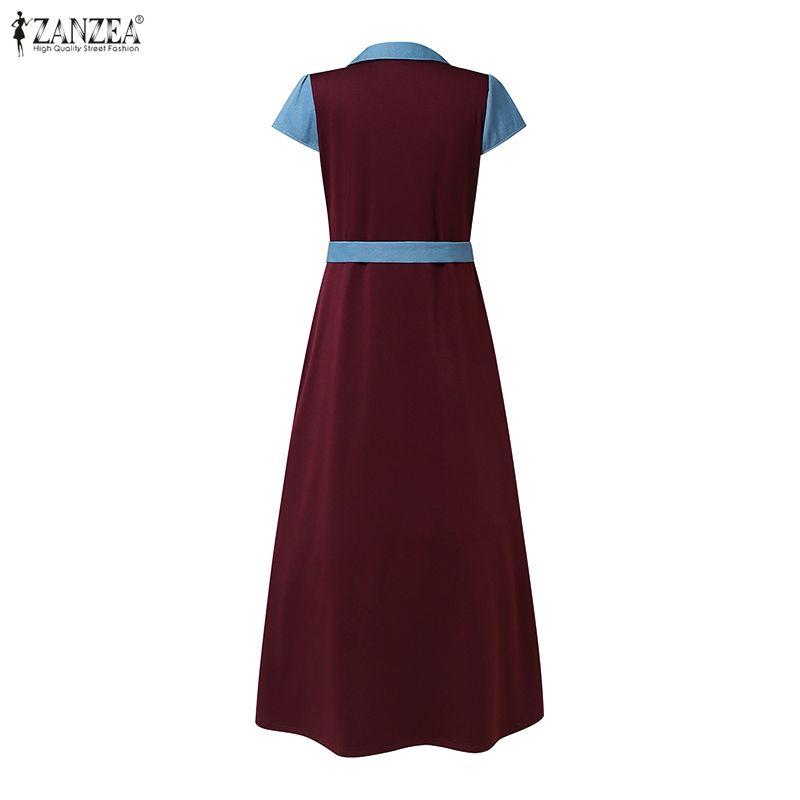 ZANZEA Damen Casual Umlegekragen Kurzarm Sommer Langes Kleid