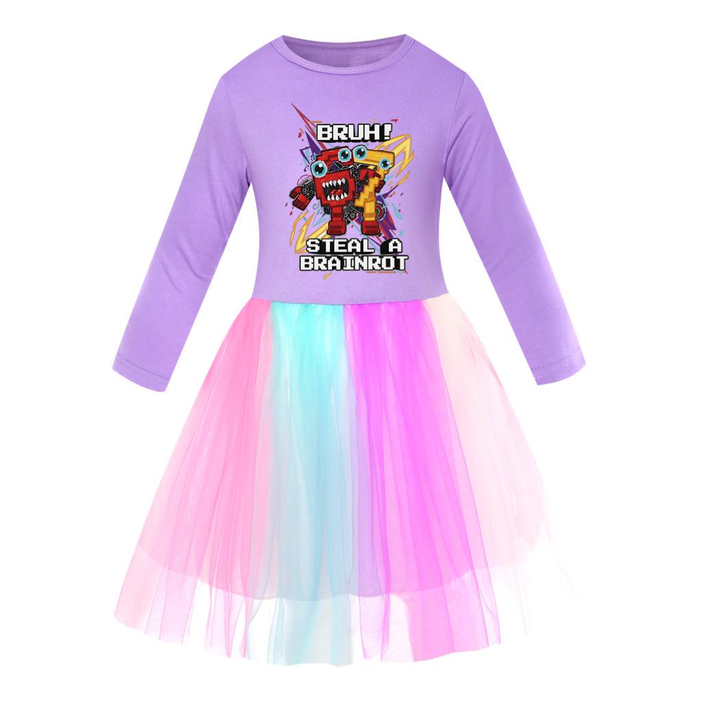 5227 Kids Girls Steal a Brainrot 67 Six Seven Print Mesh Rainbow Round Neck Casual Casual Cotton Dress