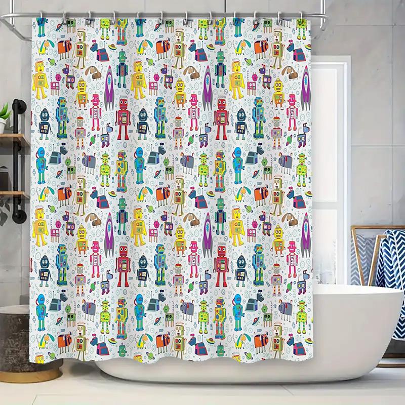 

Cute Robot Shower Curtain Funny Space Kids Bathroom Decor Set Waterproof Fabric Modern Pattern Washable Home Textile 90x180cm